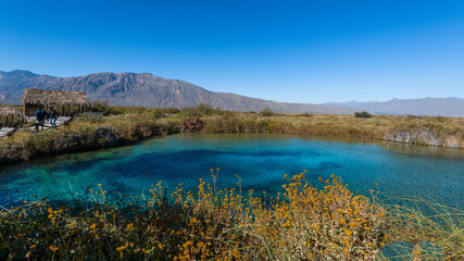 Obraz premium Amazing landscape with a lake and river in the middle of the desert with shades in the water of blue and turquoise green, mountains are distinguished, and the wide desert. Poza Azul, Cuatrociénegas.