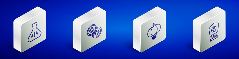 Set Isometric line Dumpling, Chinese Yuan currency, paper lantern and icon. Vector