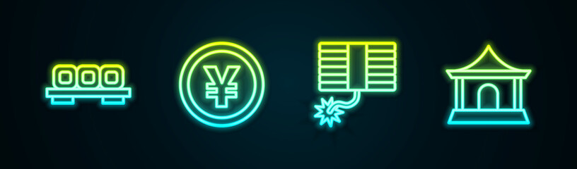 Set line Sushi on cutting board, Chinese Yuan currency, Firework and house. Glowing neon icon. Vector