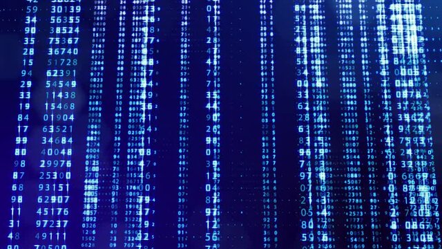 3d loop background, concept of digital data processing, calculation and visualization of computation. Counters of numbers in rows of lines on plane. Blue digital information bg with numbers. Sci-fi bg