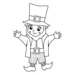 Vector black and white funny leprechaun in traditional clothes and hat. Cute Saint Patrick Day illustration. National Irish holiday line icon or coloring page isolated on white background..