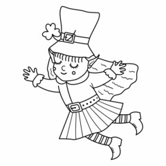 Naklejka premium Vector black and white funny fairy in traditional clothes and hat with shamrock. Cute Saint Patrick Day outline illustration or coloring page. National Irish holiday line icon.