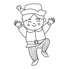 Vector black and white funny boy in traditional clothes and hat with shamrock. Cute outline Saint Patrick Day illustration. National Irish holiday line icon or coloring page.