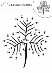 Vector Saint Patrick dot-to-dot and color activity with cute shamrock leaf. Spring holiday connect the dots game for children. Funny coloring page for kids with clover plant.