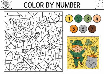 Vector Saint Patrick color by number activity with boy, shamrock leaves, pot with gold. Spring holiday coloring and counting game with cute kid. Funny Irish holiday coloration page for kids. .