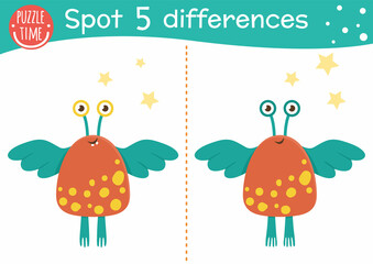 Space find differences game for children. Astronomy educational activity with funny alien with wings. Printable worksheet with extraterrestrial and stars. Cute UFO puzzle for kids.