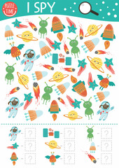 Space I spy game for kids. Searching and counting Astronomy activity for preschool children with planets, stars, rocket, aliens. Funny printable worksheet. Simple seek and find puzzle.