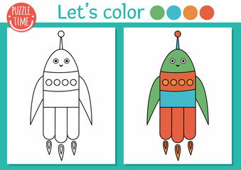 Space coloring page for children. Cute funny smiling rocket. Vector Astronomy outline illustration with kawaii spaceship. Cosmos color book for kids with colored example.