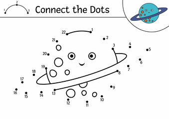 Vector space dot-to-dot and color activity with cute planet. Astronomy connect the dots game for children. Funny math coloring page for kids with kawaii star.
