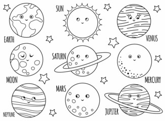 Vector black and white planets set for children. Outline illustration of smiling Earth, Sun, Moon, Venus, Mars, Jupiter, Mercury, Saturn, Neptune. Space coloring page for kids..