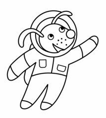 Obraz premium Vector black and white astronaut dog illustration for children. Outline smiling animal cosmonaut icon isolated on white background. Space exploration coloring page for kids .