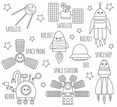 Vector black and white space technics set for children. Outline illustration of spaceship, rocket, satellite, space station, rover. Astronomy kawaii coloring page for kids.