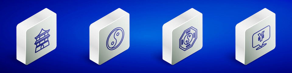 Set Isometric line Chinese house, Yin Yang, and Yuan currency icon. Vector