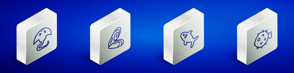 Set Isometric line Stingray, Mussel, Shark and Fish hedgehog icon. Vector