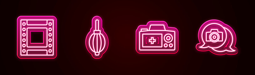 Set line Camera roll cartridge, Dust blower, Photo camera and . Glowing neon icon. Vector