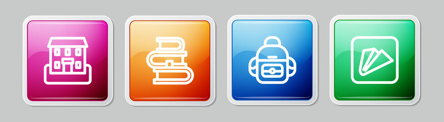 Set line School building, Book, backpack and Paper airplane. Colorful square button. Vector