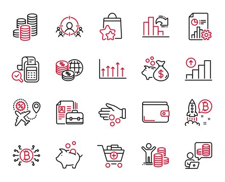 Vector Set of Finance icons related to Business targeting, Growth chart and Budget accounting icons. Donation money, Coins and Bitcoin system signs. Loyalty points, World money and Loan. Vector