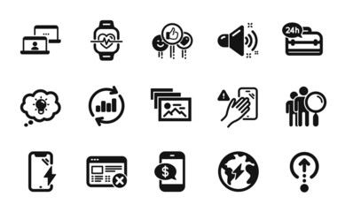 Vector set of Smartphone charging, 24h service and Search people icons simple set. Phone payment, Photo album and Energy icons. Outsource work, Reject web and Swipe up signs. Vector
