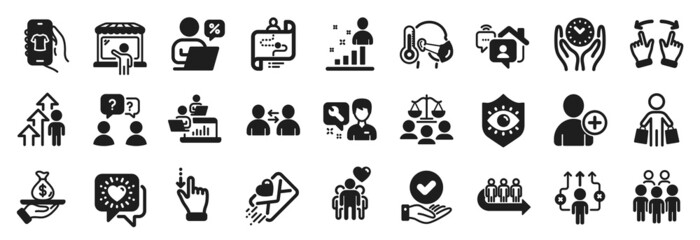 Set of People icons, such as Employee result, Journey path, Move gesture icons. Touchscreen gesture, Shop app, Teamwork signs. Friendship, Teamwork questions, Group people. Repairman, Loan. Vector