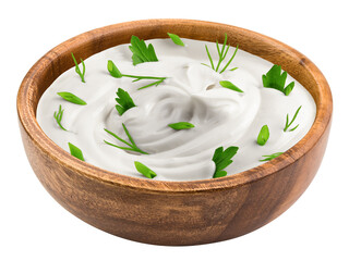 sour cream with onion, parsley, dill, herbs in wooden bowl, mayonnaise, yogurt, isolated on white background, clipping path, full depth of field