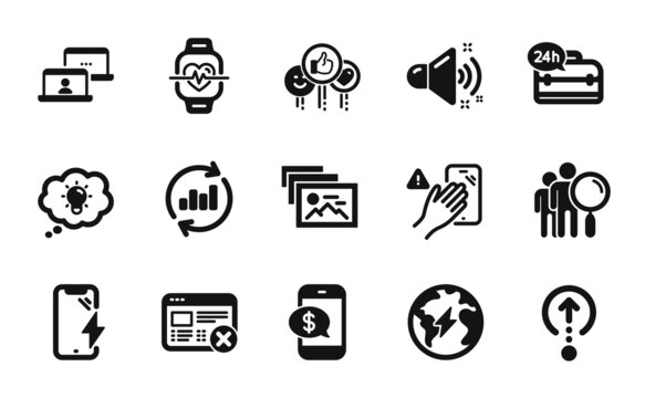 Vector set of Smartphone charging, 24h service and Search people icons simple set. Phone payment, Photo album and Energy icons. Outsource work, Reject web and Swipe up signs. Vector