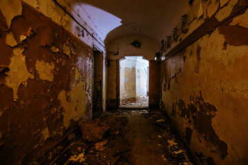 Tunnel of abandoned dirty Soviet bunker, echo of Cold War