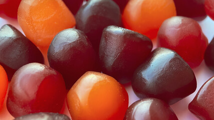 Selective focus.Close-up texture of red, orange and purple multivitamin gummies on white background