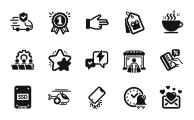 Vector set of Reward, Ssd and Credit card icons simple set. Medical helicopter, Alarm bell and Market buyer icons. Click hand, Transport insurance and Love mail signs. Reward simple web symbol. Vector