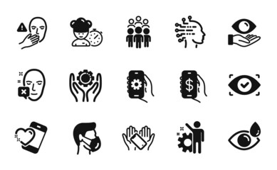 Vector set of Health eye, Smartphone holding and Money app icons simple set. Face declined, Eye drops and Dont touch icons. Chef, Heart and Group people signs. Health eye simple web symbol. Vector