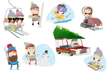 funny cartoon collection of a man in winter related scenes