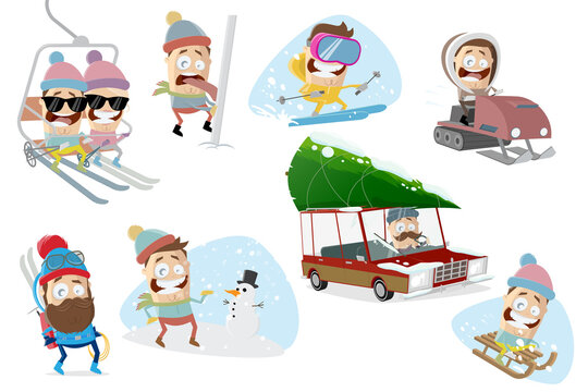 funny cartoon collection of a man in winter related scenes
