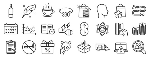 Set of Business icons, such as Diagram chart, Currency, Approved checklist icons. Truck transport, Atom, Journey path signs. Puzzle, Discount offer, Feather. Electricity plug, Head. Vector