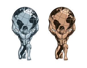 Atlas or Titan holding the globe on his shoulders. Bodybuilder athlete statue, gold or bronze and iron versions. Vector illustration.