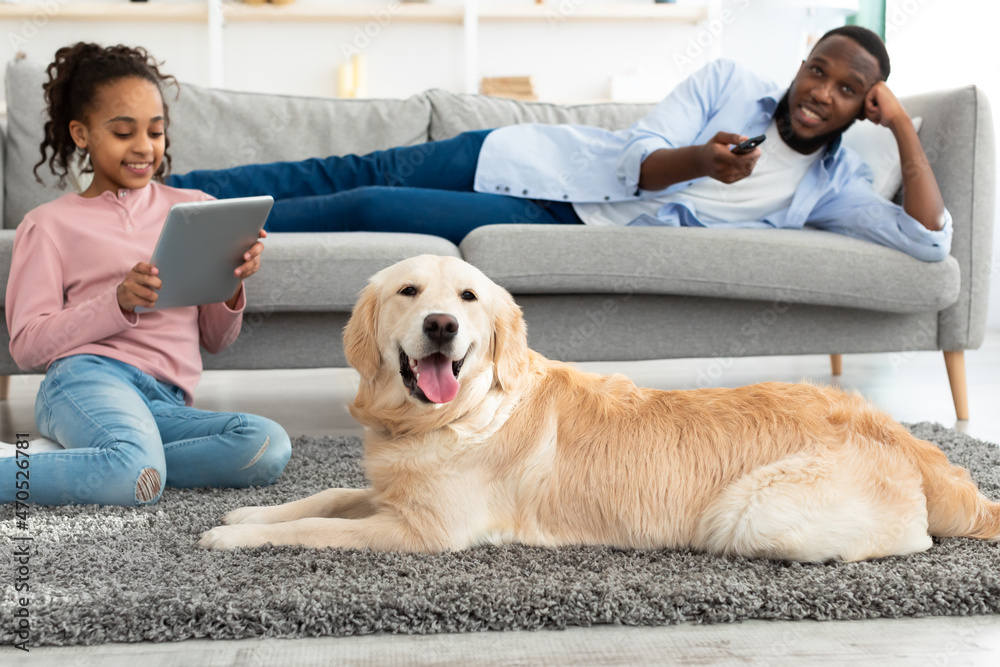 Poster black family spending time together at home with dog