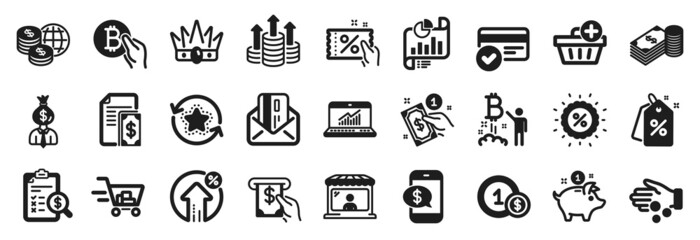 Fototapeta na wymiar Set of Finance icons, such as Donation money, Discount coupon, Market seller icons. Credit card, Manager, Budget signs. Saving money, Atm service, Loan percent. Savings, Bitcoin project. Vector