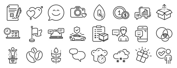 Fototapeta na wymiar Set of Business icons, such as Snow weather, Smile chat, Winner podium icons. Male female, Gift, Verification person signs. Graph chart, Send box, Flag. Smile, Photo camera, No alcohol. Vector