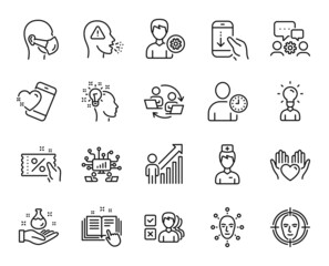 Vector set of Support, Face biometrics and Time management line icons set. Engineering team, Cough and Scroll down icons. Hold heart, Employee result and Doctor signs. Support web symbol. Vector