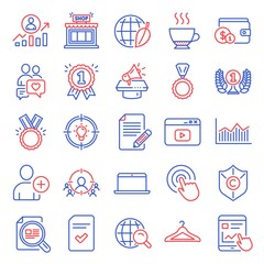 Line icons set. Included icon as Internet search, Business targeting, Add user signs. Shop, Career ladder, Laureate award symbols. Honor, Dating chat, Copyright protection. Internet report. Vector