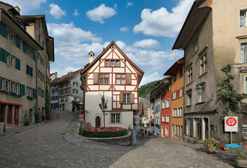 View of medieval half-timbered buildings on winding cobbled streets. Baden, canton of Aargau,...
