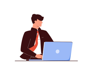 A cute cartoon man is working with a laptop in his workplace. He is working, smiling and looking at the display.