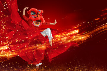 Obraz na płótnie Canvas Dancing Red Chinese Lion