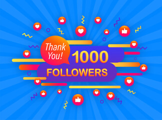 1000 followers, Thank You, social sites post. Thank you followers congratulation poster. Vector illustration.