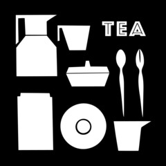Set of minimalistic vector images of tea utensils. Flat, illustration, cup, plate, spoon. Cafe, restaurant, tea house, socializing, tea drinking, tea ceremony. White on black.