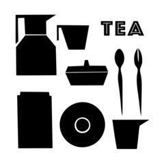 Set of minimalistic vector images of tea utensils. Flat design, illustration, cup, plate, spoon. Cafe, restaurant, tea house, socializing, tea drinking, tea ceremony. Black on white.