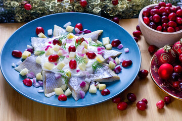 Herring salad with onion, apple, cranberry, and cream sauce. Polish Christmas Eve dish
