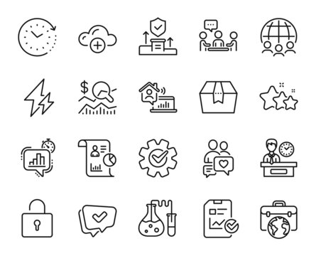 Vector set of Statistics timer, Stars and Approved line icons set. Package box, Businessman case and Cogwheel icons. Presentation time, Cloud computing and Work home signs. Vector