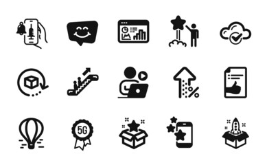 Vector set of Startup, Increasing percent and Best app icons simple set. Seo statistics, Star and Vaccine announcement icons. Loyalty program, Escalator and Cloud computing signs. Vector