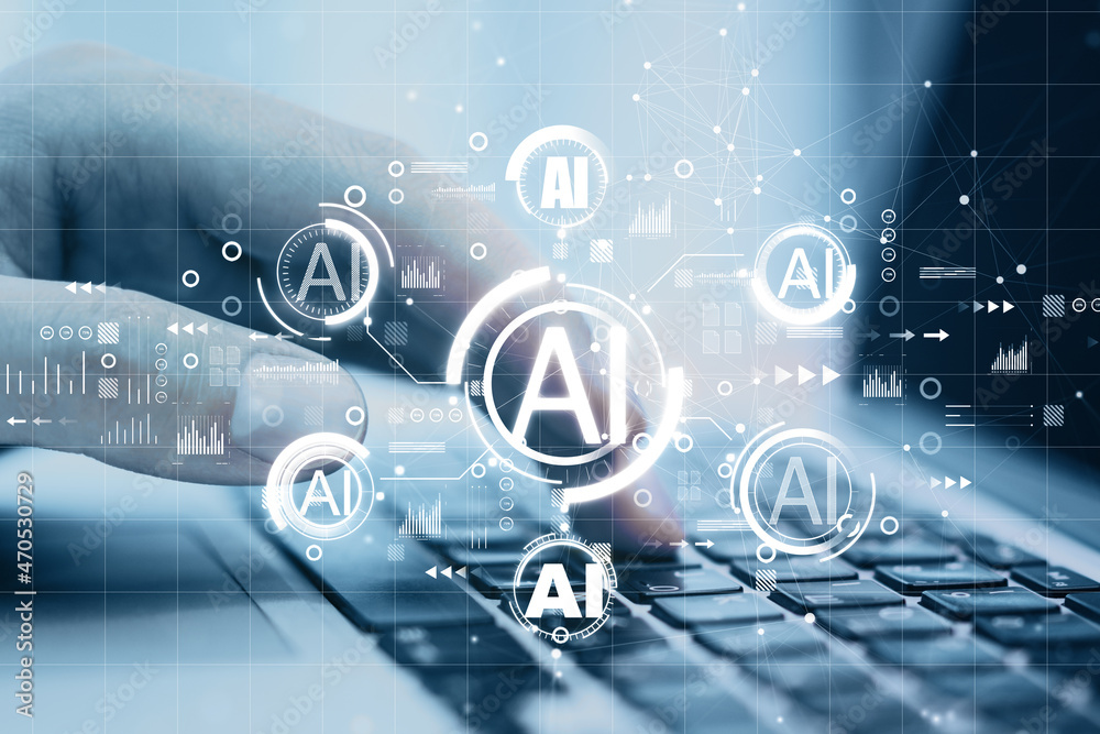 Poster close up of hand using laptop with creative ai hologram on blurry background. artificial intelligenc