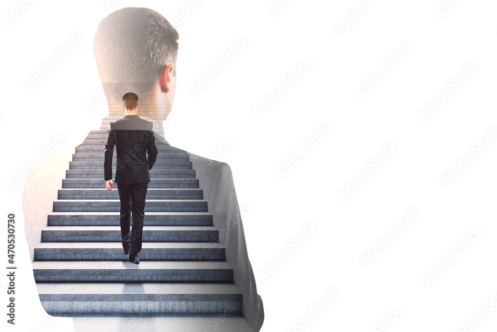 Poster abstract image of attractive european male walking on abstract stairs on white background with mock 