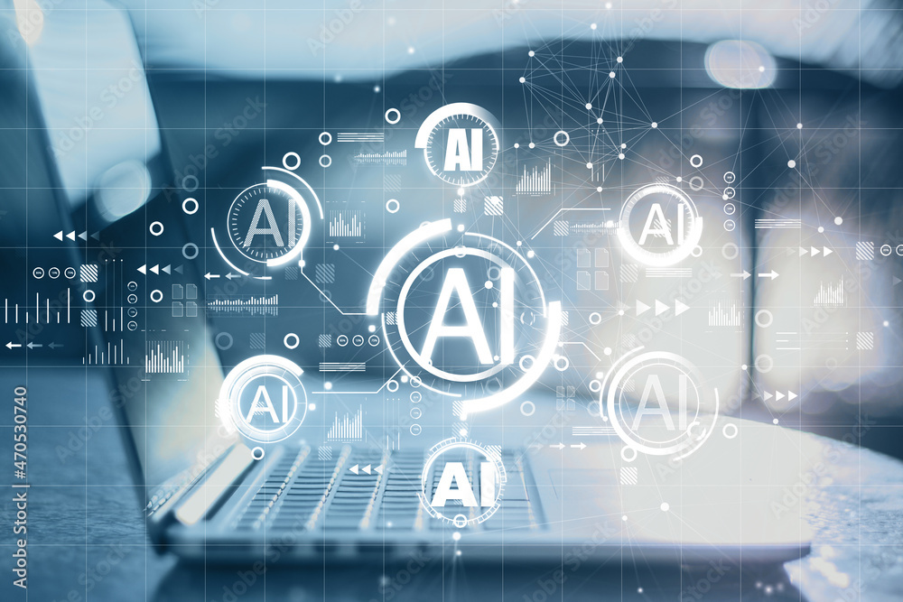 Poster Close up of laptop computer with creative AI hologram on blurry background. Artificial intelligence, ai, technology and communication concept. Double exposure.